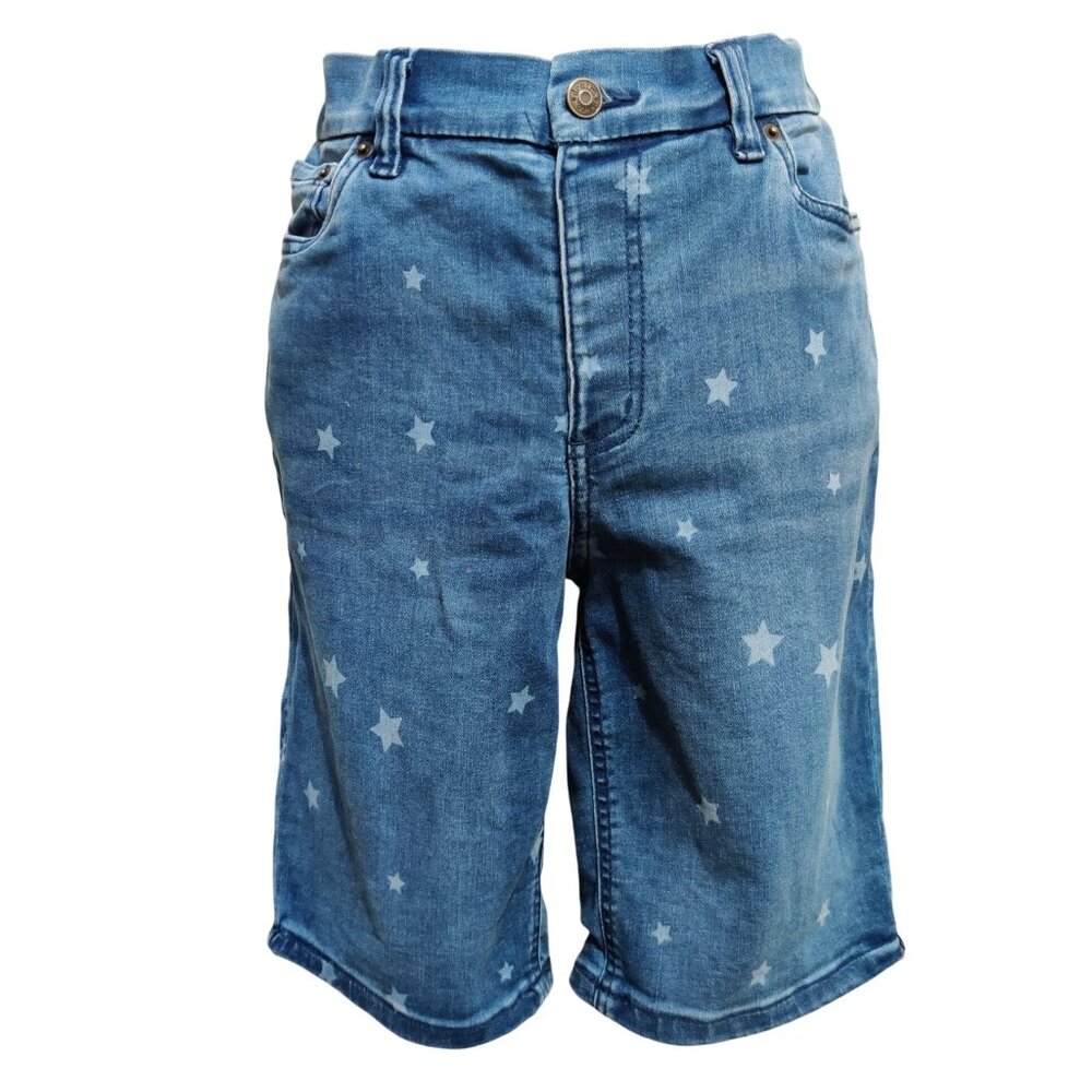D&Co Denim & Co 12 Star Print Jean Shorts Mid Wash Blue Denim Pull On Stretch